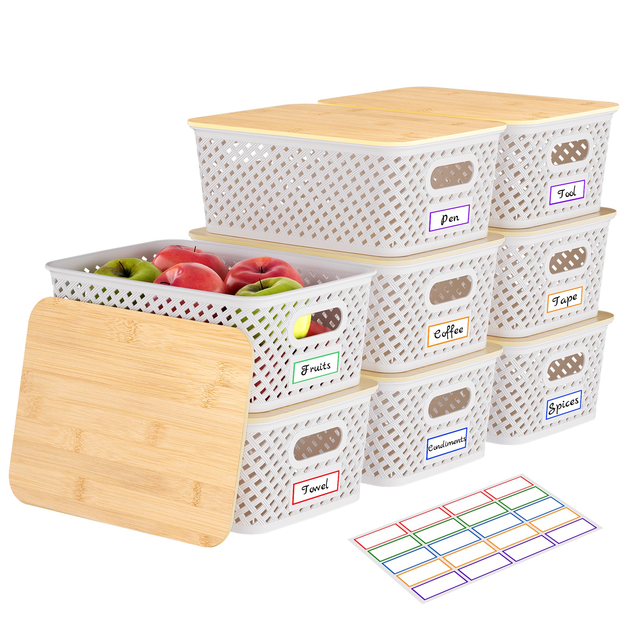 Photo 1 of Anysig 8 Packs Plastic Storage Bins with Bamboo Lids - Stackable Storage Bins Decorative Small Basket Containers for Organizing Shelves Office Classroom Desktop Closet, Cream White