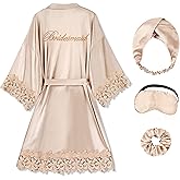 EPLAZA Bride Robe for Wedding Day Set Bridal Robe Lace Trim Silky Embroidery Satin Kimono for Bridal Party