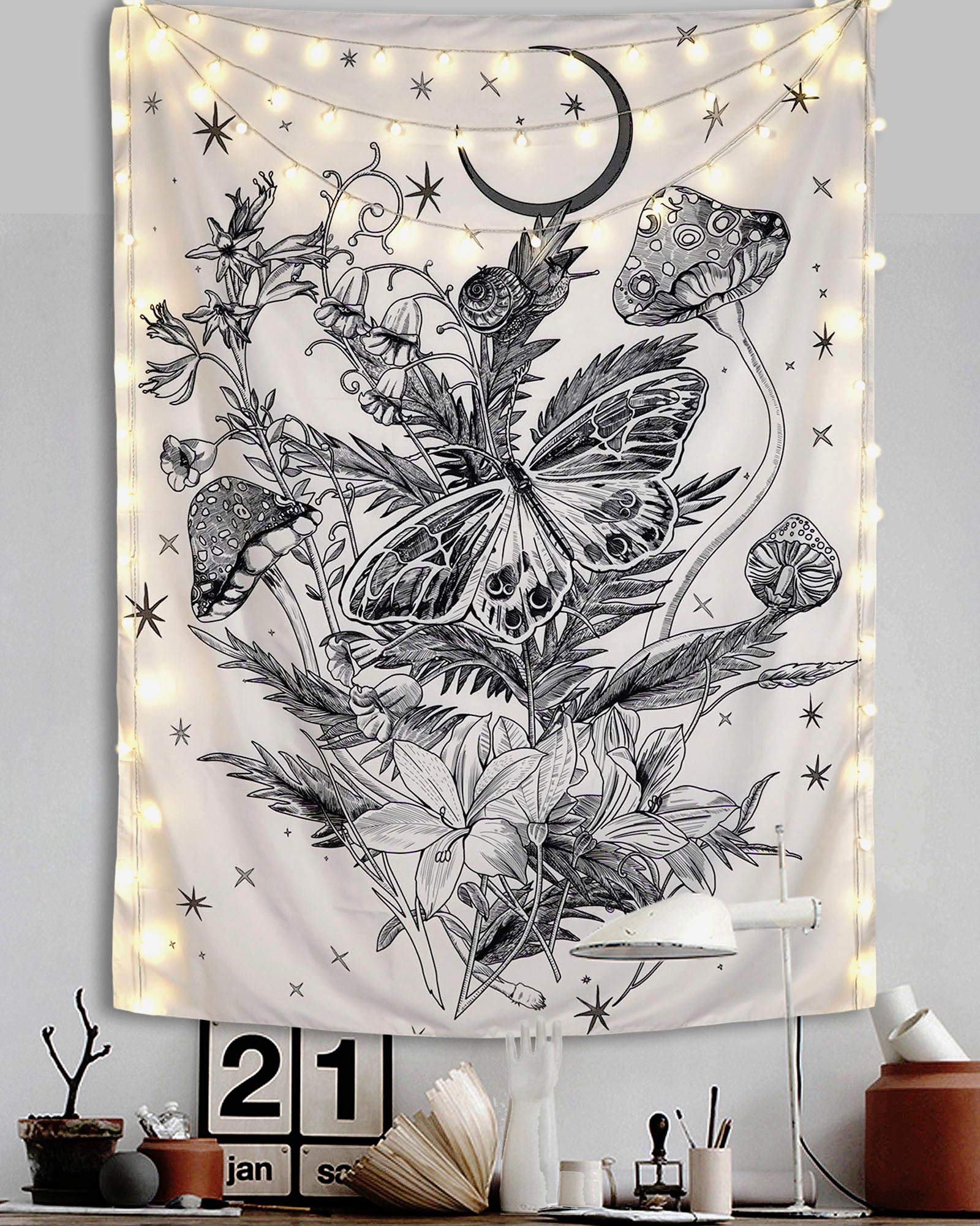 Fowocu Butterfly and Flower Tapestry Nature Mushroom Floral Plant Tapestries for Bedroom Aesthetic Black White Moon Stars Snail Vertical Wall Tapestry for Living Room Dorm (White, 36'' × 48'')