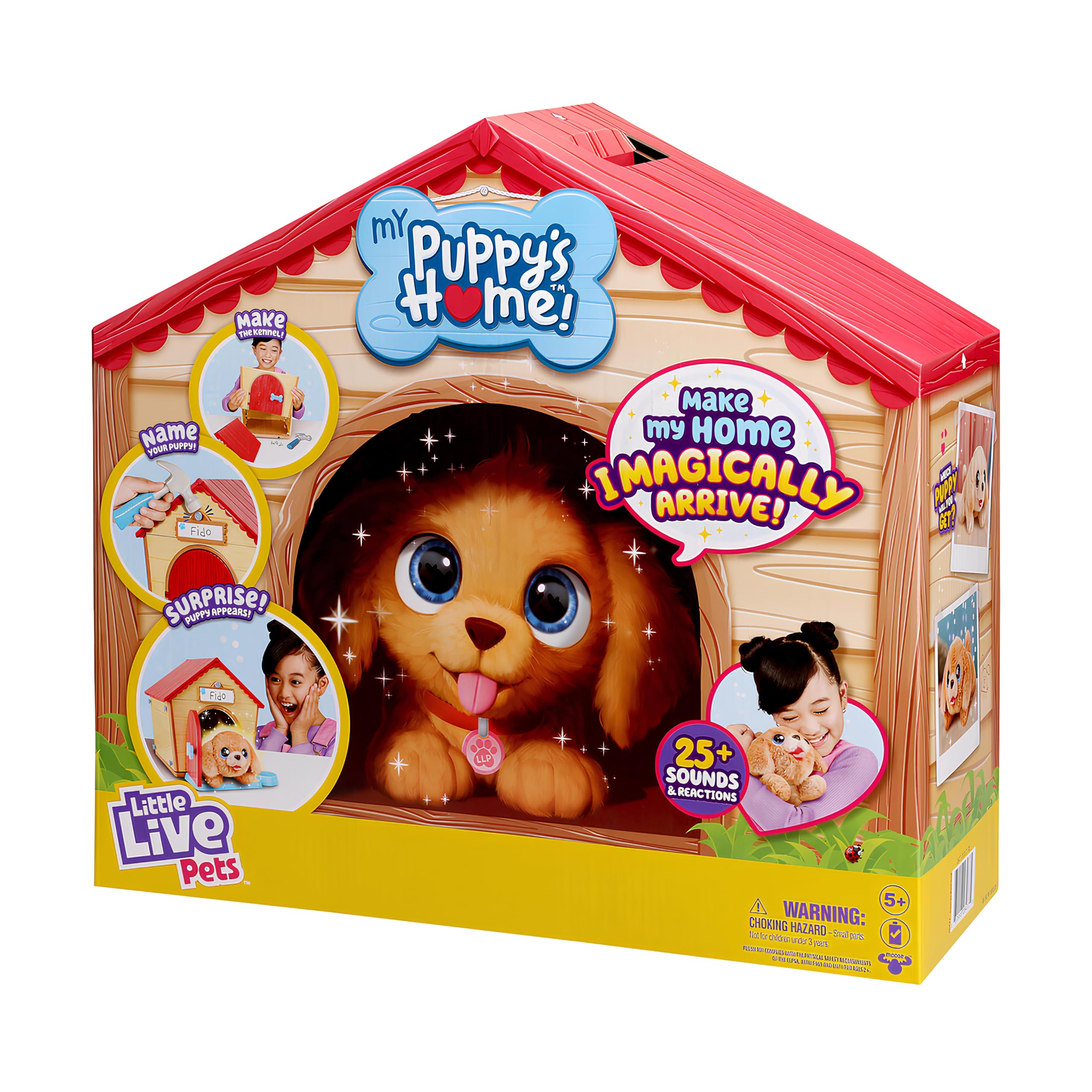 Little Live Pets - My Puppy's Home Interactive Plush Toy Puppy and Kennel, 25+ Sounds and Reactions, Make the Kennel, Name your Puppy and SURPRISE! Puppy appears! Easy Build DIY Kennel, Green, Medium
