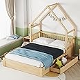 Miscoos Queen Size House Bed Frame with Storage Drawers and Guardrail - Wood Queen Bed Frame for Kids, Natural