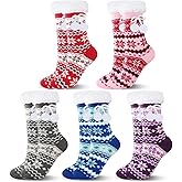 Shihanee 5 Pairs Women Fuzzy Sherpa Slipper Socks Winter Thermal Non Slip Sherpa Socks Christmas Fleece Lined Slipper Socks Gift for Women