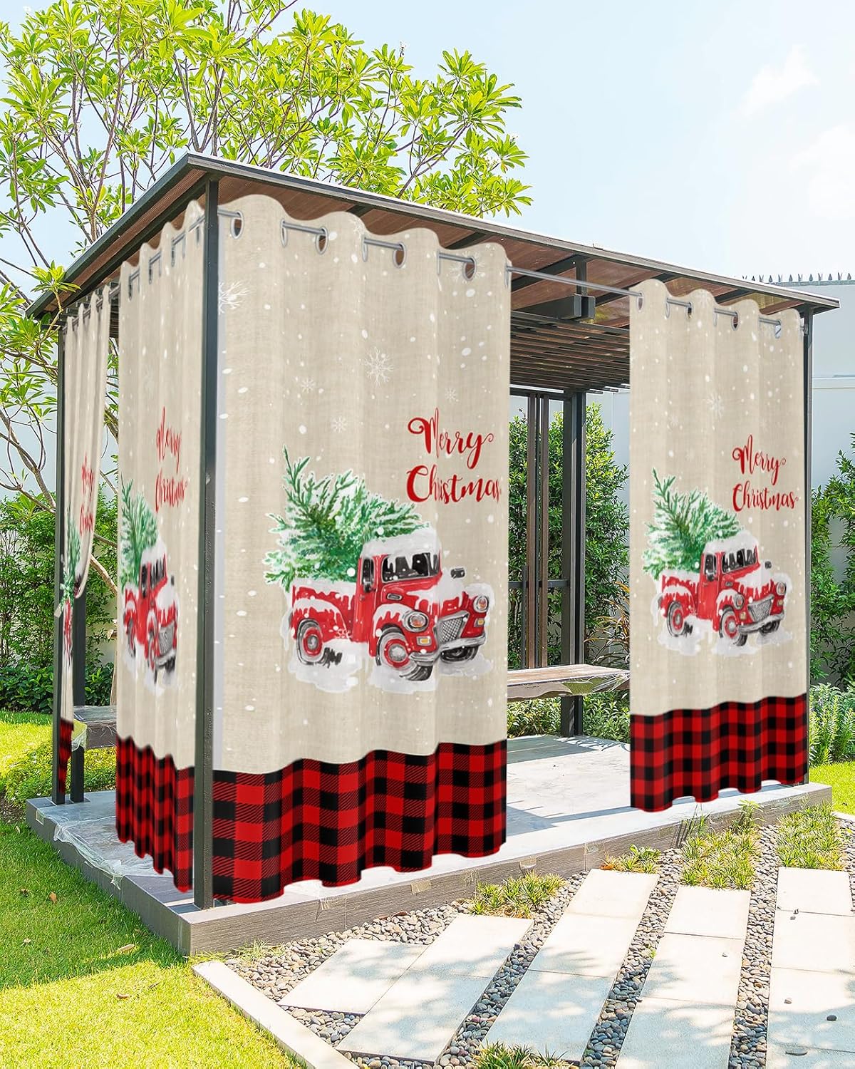 Outdoor Curtains - Outdoor Curtain for Patio Waterproof, Christmas Red Truck Xmas Tree Red Black Buffalo Plaid Windows Curtains Panels Light Filtering Outside Drapes for Living room/Pergola/Garden/Balcony 52
