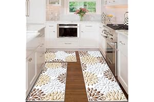 Vaukki Floral Kitchen Rug Sets 3 Pieces, Washable Kitchen Mats for Floor, Non Slip Soft Kitchen Area Rug Floor Mat for Kitchen, Laundry Room and Hallway (Brown, 20''x32''+20''x47''+20''x59'')