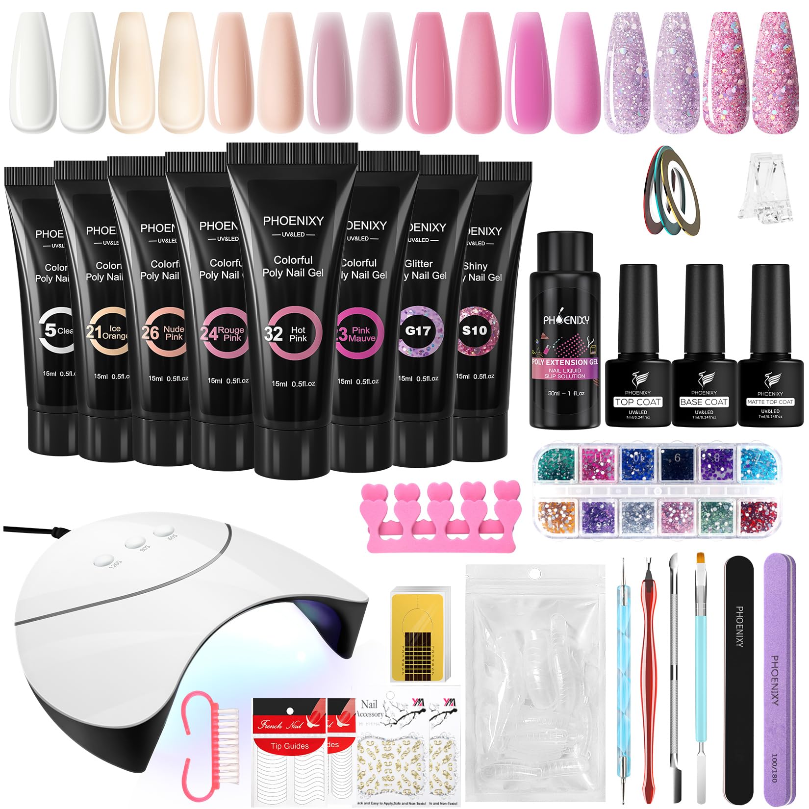 phoenixy Poly Nail Gel Kit, 8 Colours Poly Gel Nail Extension Kit Complete with 36W U V/LED Lamp, Manicure Gel Nail Kit with Base Coat and Top Coat Nail Art Gifts for Beginners — image 1