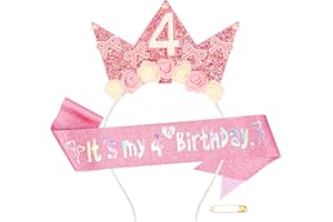 Atoden 4 Year Old Birthday Headband and Sash Happy 4th Birthday Decorations for Girl Glitter Flower Princess Crown Tiara with Pink Bow Party Costume Outfit Gifts
