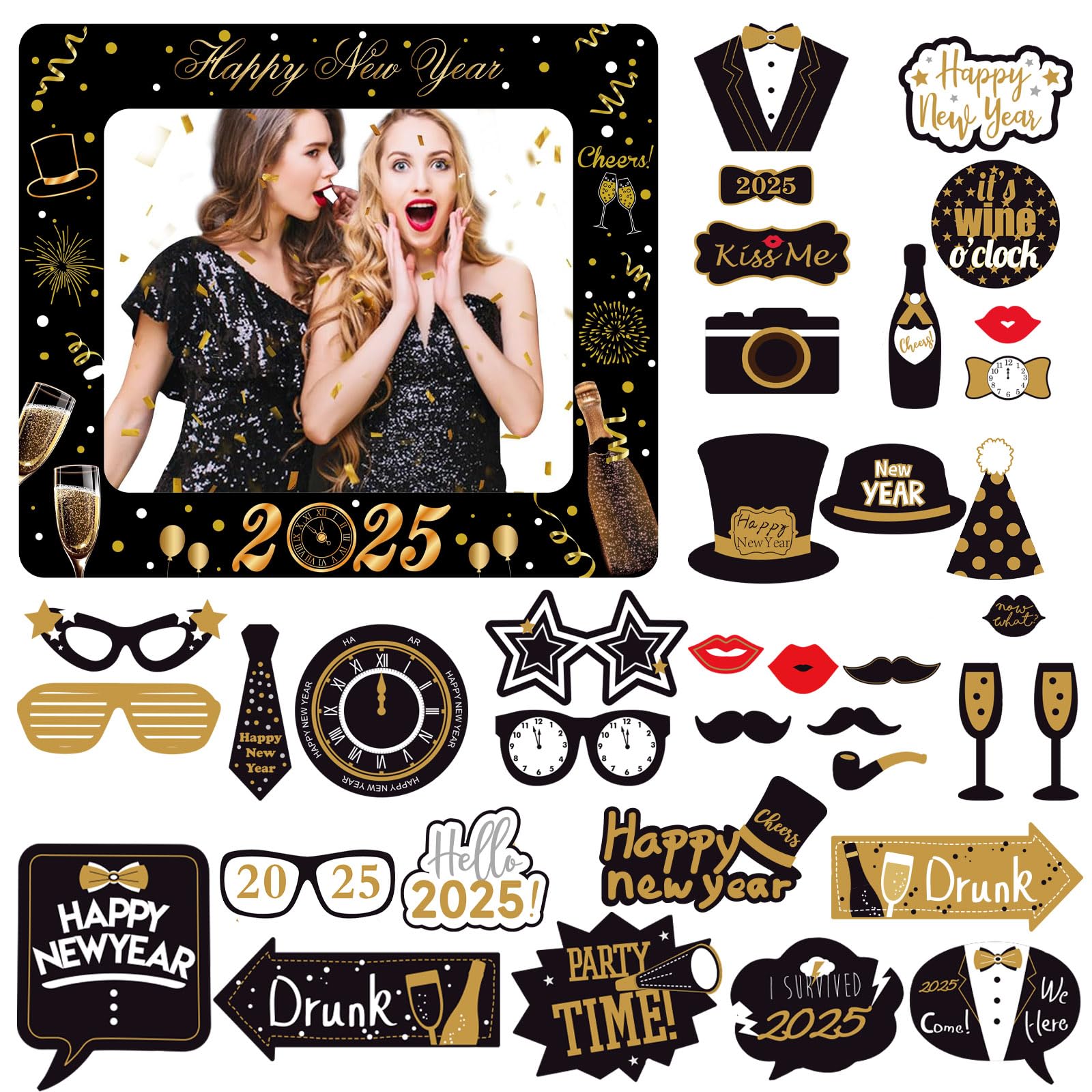 POPOYU 35Pcs 2025 New Year Black Gold Party Photo Booth Props Kit,2025 New Year Photo Booth Props Accessories for 2025 NewYear Evening Party Photo Booth Supplies