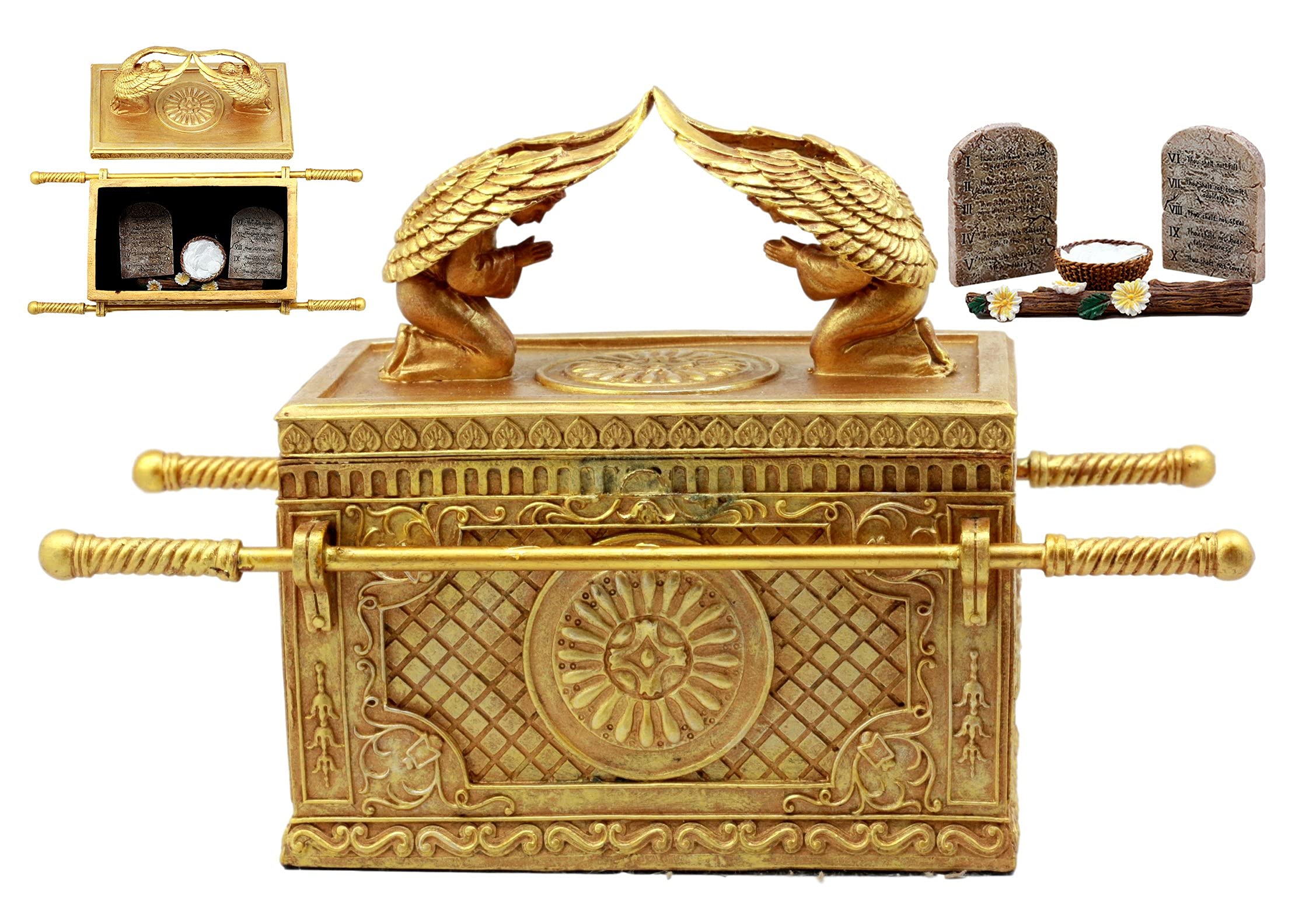 Ebros Matte Gold Holy Ark Of The Covenant With Ten Commandments Rod of Aaron and Manna Religious Decorative Figurine Trinket Box Collectible Judaic Israel Historic Model Replica (1:8 Scale 9.5"Long)