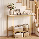 GOFLAME Marble Console Table, Modern Entryway Table with Sintered Stone Top &amp; Metal Frame, Narrow Long Behind Couch Sofa Tables for Hallway, Entrance, Living Room (White &amp; Gold)