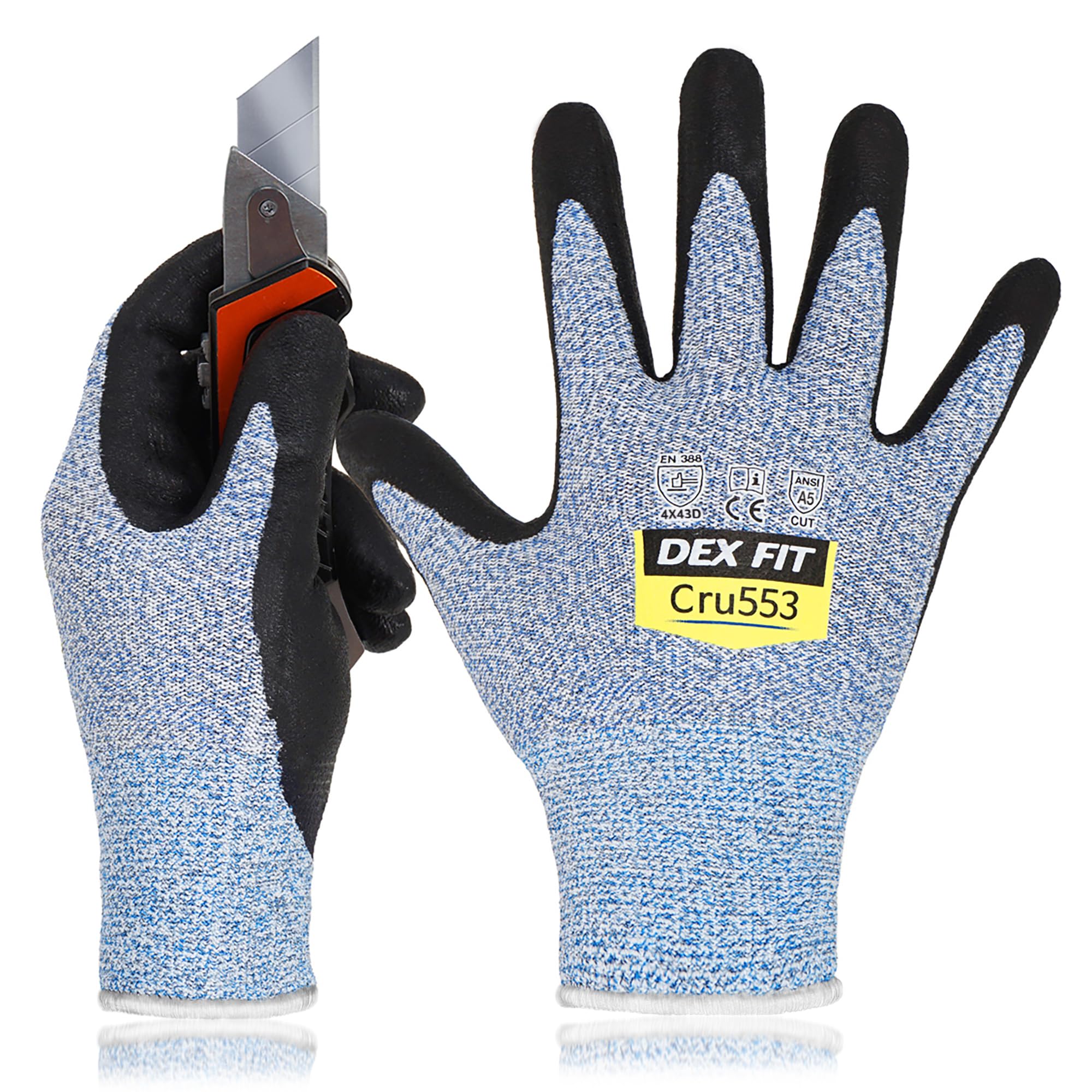 DEX FIT Level 5 Cut Resistant Gloves Cru553, 3D Comfort Stretch Fit, Power Grip, Durable Foam Nitrile, Smart Touch, Machine Washable, Thin & Lightweight, Blue 7 (S) 1 Pair