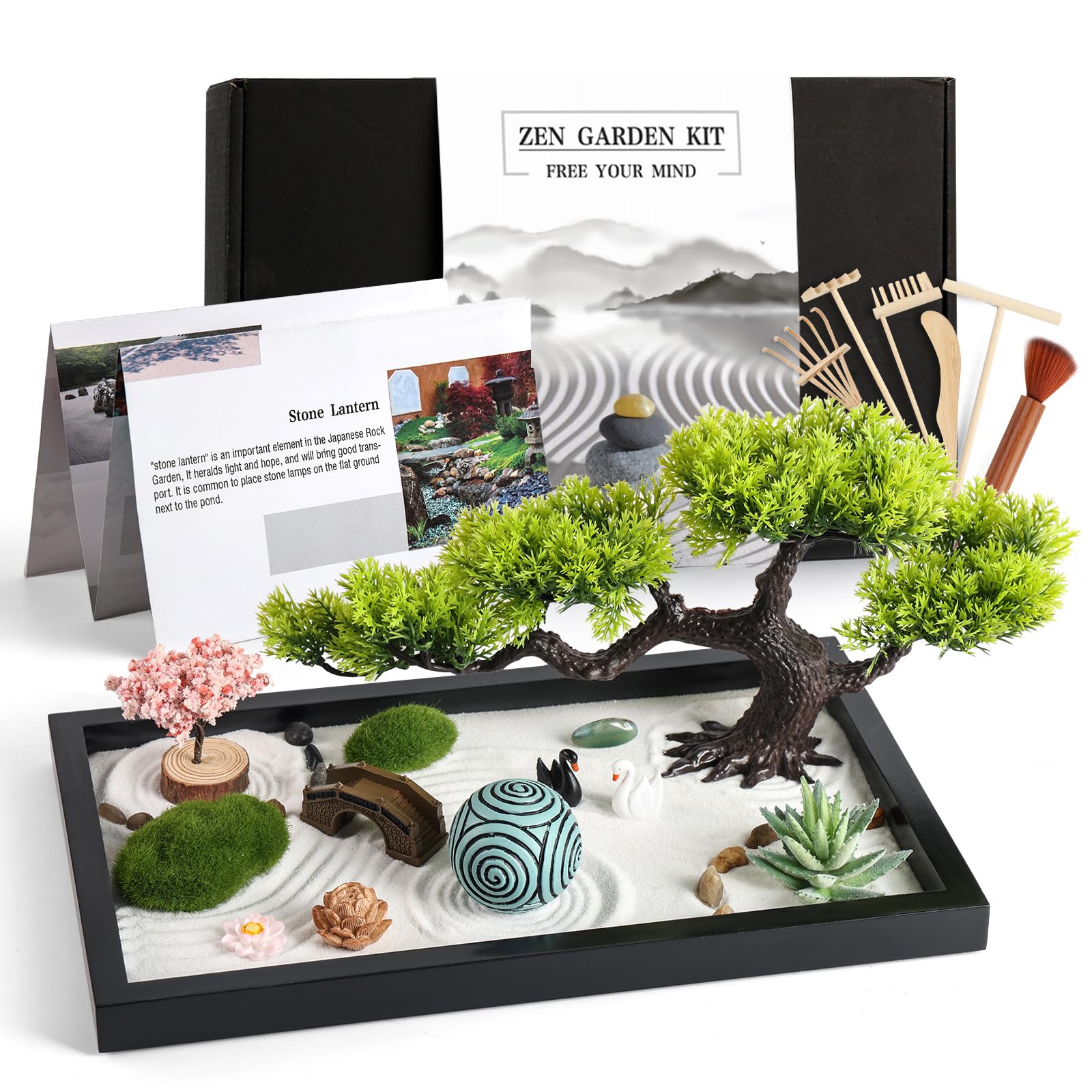 Photo 1 of Zen Garden Kit for Desk Decor - Premium Beautiful Japanese Mini Zen Sand Garden Box Set for Home, Office with Black Wooden Tray, White Sand, Tools, Sandball - Desktop Meditation, Accessories