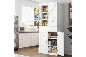 knoworld White Storage Cabinets, 71" Kitchen Pantry Cabinet with 8 Hanging Shelves and a Large Drawer, 4 Adjustable Shelves, Freestanding Tall Cupboard for Living Room