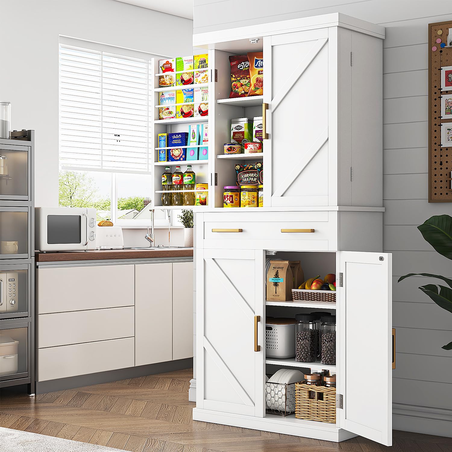 Photo 1 of knoworld White Storage Cabinets, 71" Kitchen Pantry Cabinet with 8 Hanging Shelves and a Large Drawer, 4 Adjustable Shelves, Freestanding Tall Cupboard for Living Room