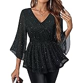 Gaharu Women's Formal Dressy Tops 3/4 Sleeve Double Layers Mesh Tunic Shirts Evening Party Blouse