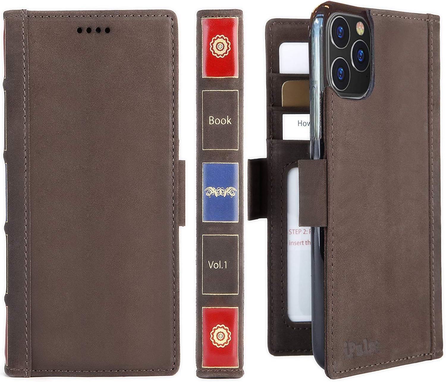iPulse Vintage for iPhone 11 Pro Max Case Full Grain Real Leather Flip Folio Wallet Case for iPhone 11 Pro Max with Magnetic Closure and Kickstand - Retro Brown
