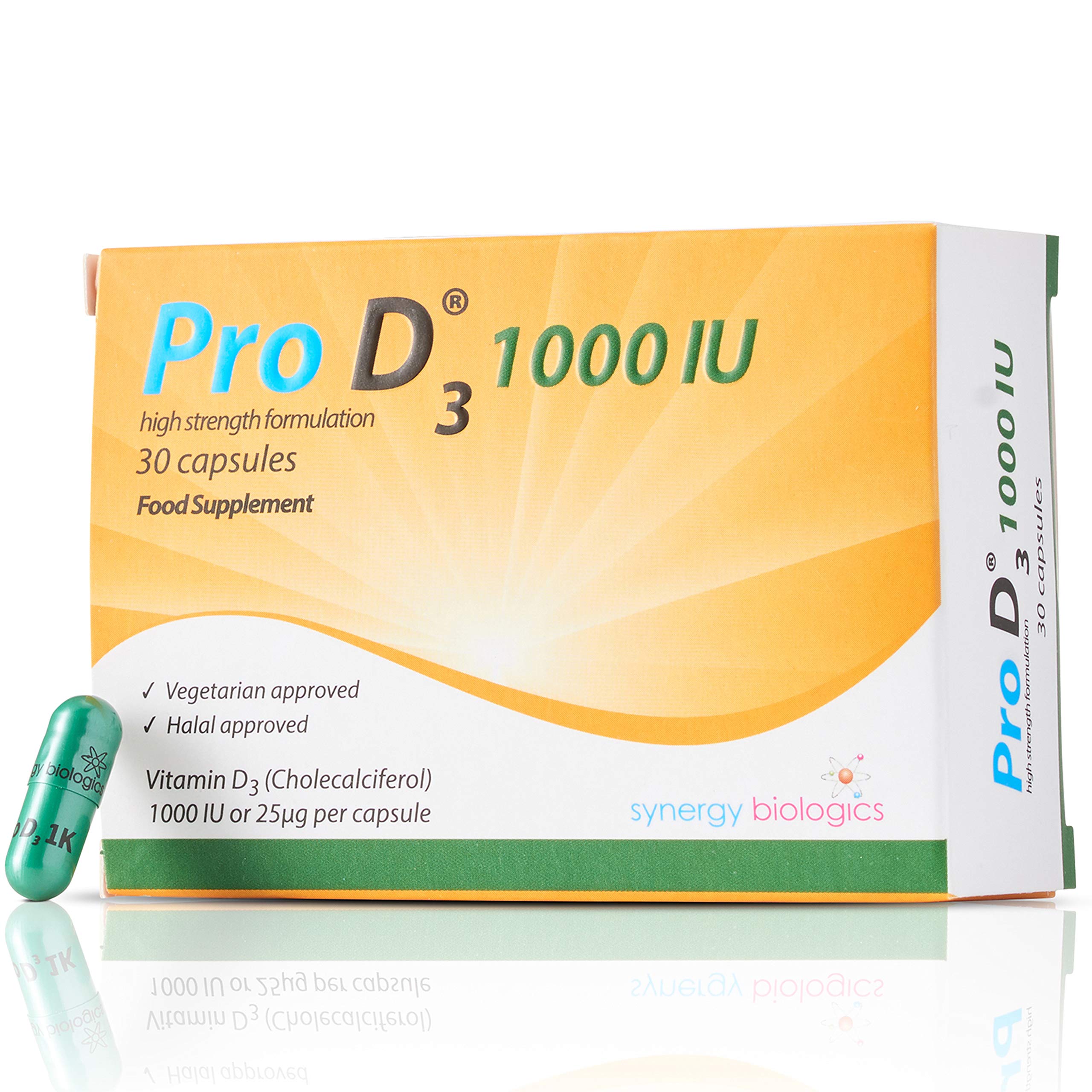 Pro D3 1000 IU Capsules | Premium Vitamin D3 | 30 Capsules | Gelatine Free, Lactose Free, Dairy Free, Nut Free | Suitable for Vegetarians, Halal & Kosher Diets | Made in The UK
