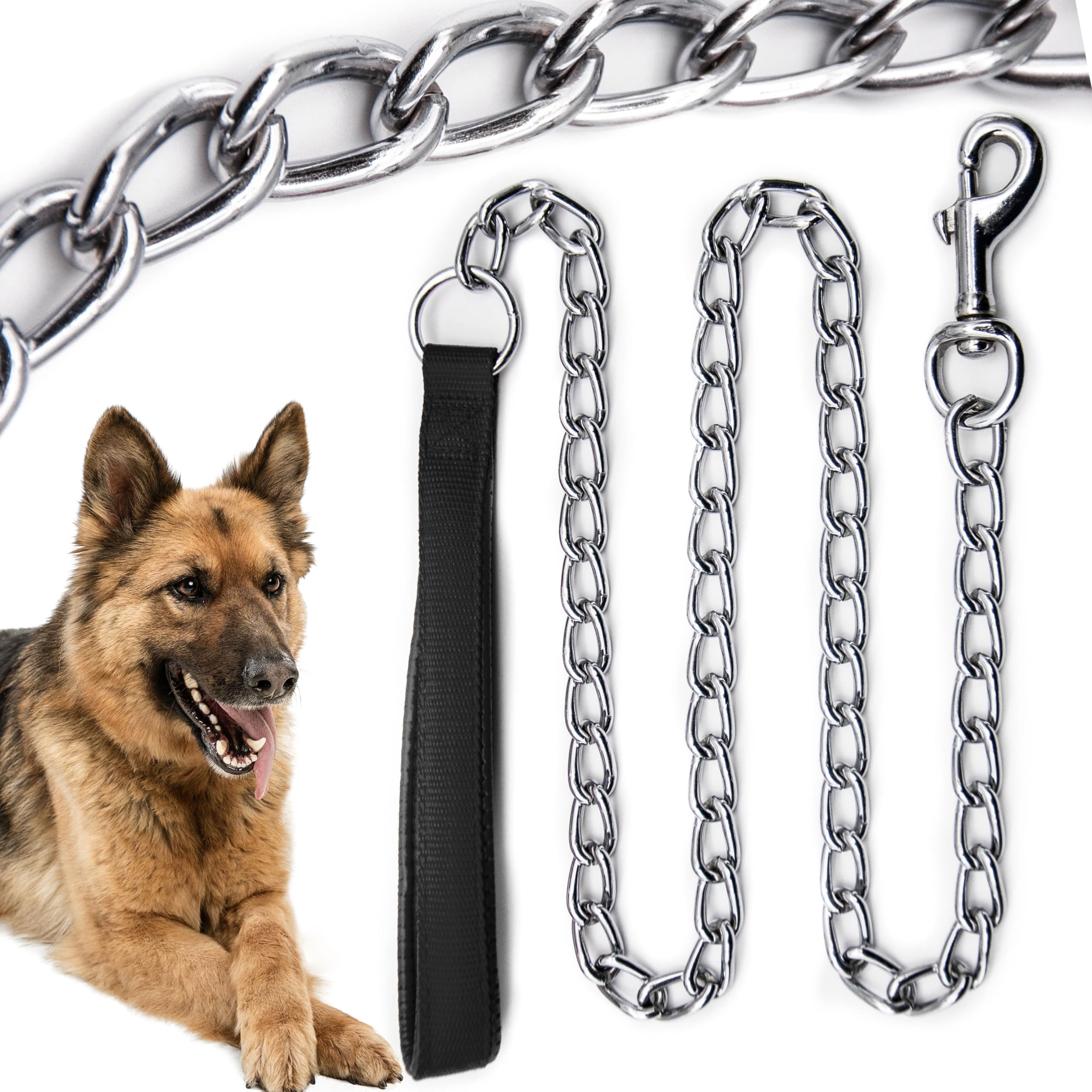 4ft Long – Heavy Duty DOG CHAIN – 4mm Thick Lead with STRAP – Chew Proof Leashes for Dogs – Outdoor Use, Camping Accessories, Walking Leash, Puppy Training Leads (Black)