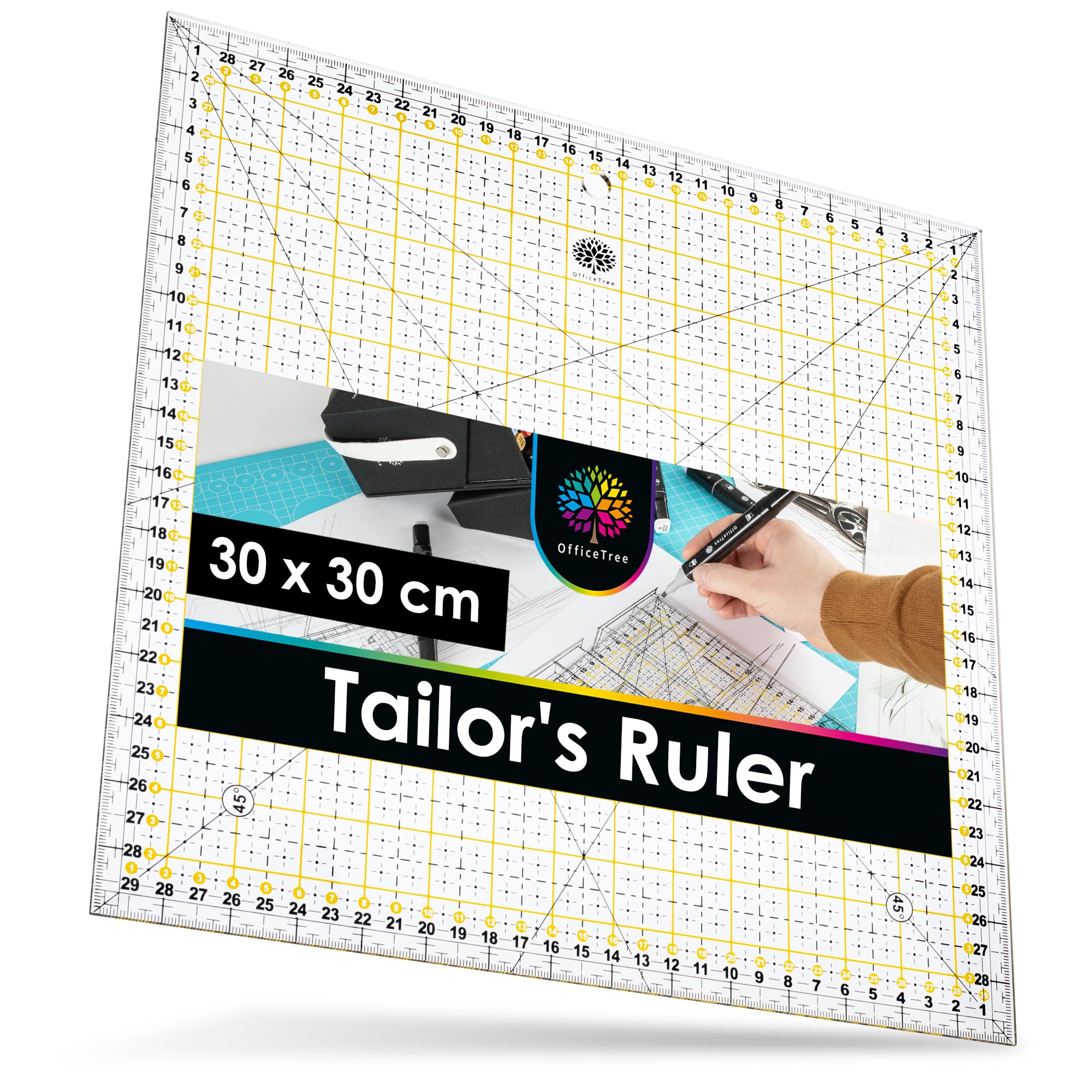 OfficeTree Sewing Square - 30x30 cm Patchwork Quilting Ruler - Rotary Cutter & Tailor Fabric Ruler - Quilting Accessories