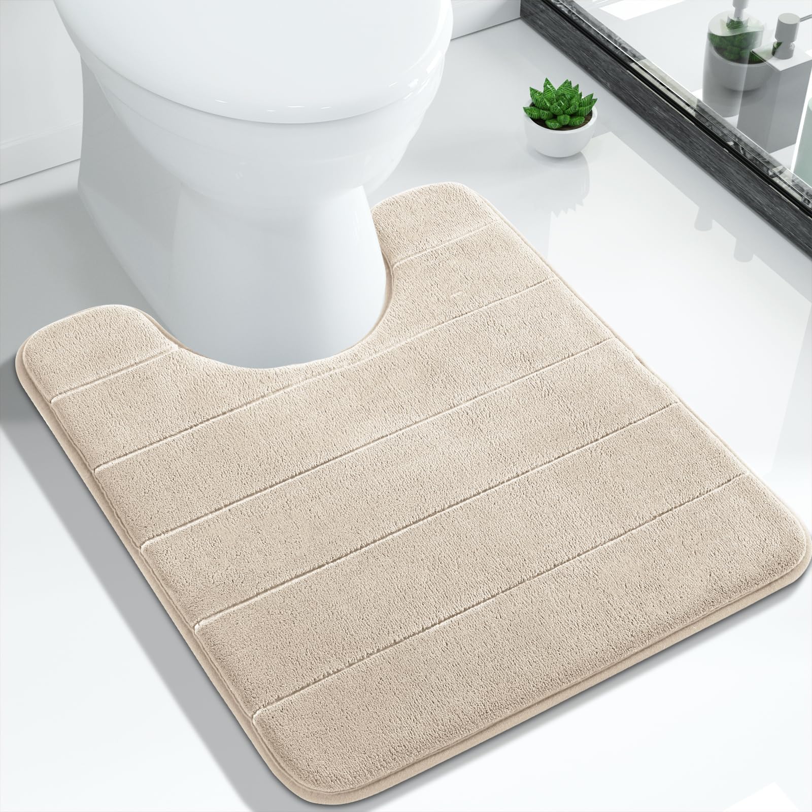 Yimobra Bath Toilet Mat 51 x 61 cm, Non-Slip Memory Foam U-Shaped Contour Rug, Soft Comfortable Bathroom Shower Mats, Super Water Absorption, Machine Wash, Easier to Dry for Bath Floor Rug, Beige