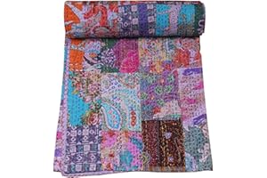 Marubhumi Indian Traditional Pure Cotton Patchwork Quilt, Paisley Print Kantha Quilt Multi Color (Multicolor-40, Queen (90"x 108"))