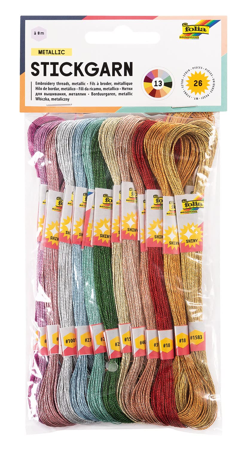 folia 23994 23994 Embroidery Thread Metallic 100% Polyester 26 Docks of 8 m in 13 Metallic Shimmering Colours Assorted for Embroidery, Knotting and Crafts, Multi
