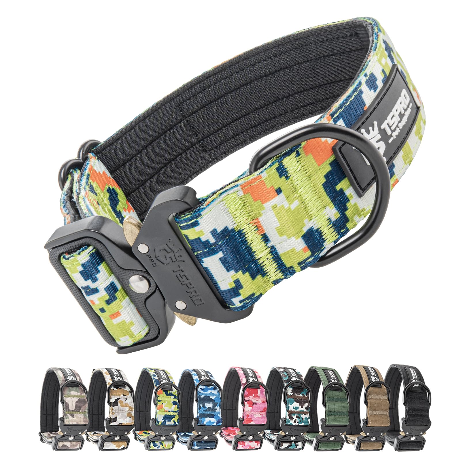 TSPRO Tactical Premium Dog Collar with Patch & Heavy Duty Quick Release Metal Buckle, Adjustable Thick Strong Collar for Medium Large Dogs (Camo Green, M) — image 1