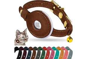 OOPSDOGGY Reflective Leather AirTag Cat Collar with Bell - Non Breakaway Adjustable Pet Collar with Apple Air Tag Holder - Lightweight GPS Kitten Collars for Small Dogs Puppy (Brown)