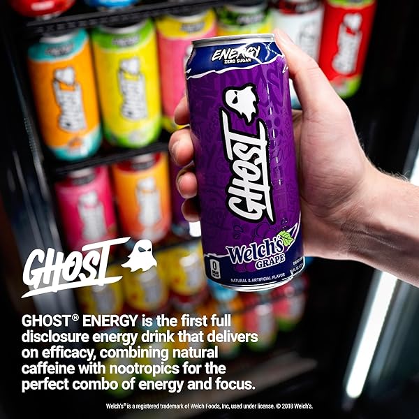 GHOST ENERGY DRINK – 12-PACK, WELCH’S GRAPE, 16OZ CANS – ENERGY & FOCUS & NO ARTIFICIAL COLORS – 200MG OF NATURAL CAFFEINE, L-CARNITINE & TAURINE – GLUTEN-FREE & VEGAN