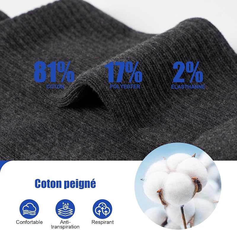 Chaussettes Homme Femme, Chaussettes Sport Respirantes, Chaussettes Coton Sans Couture, Idéales pour Travail, Course, Marche, Casual, Tennis, 6 Paires, Noir Blanc Gris, 39-42 — photo 6 sur 8