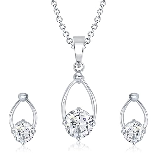 VK Jewels Oval Shaped Rhodium Plated Solitaire Pendant Set with Earrings-PS1030R [VKPS1030R]