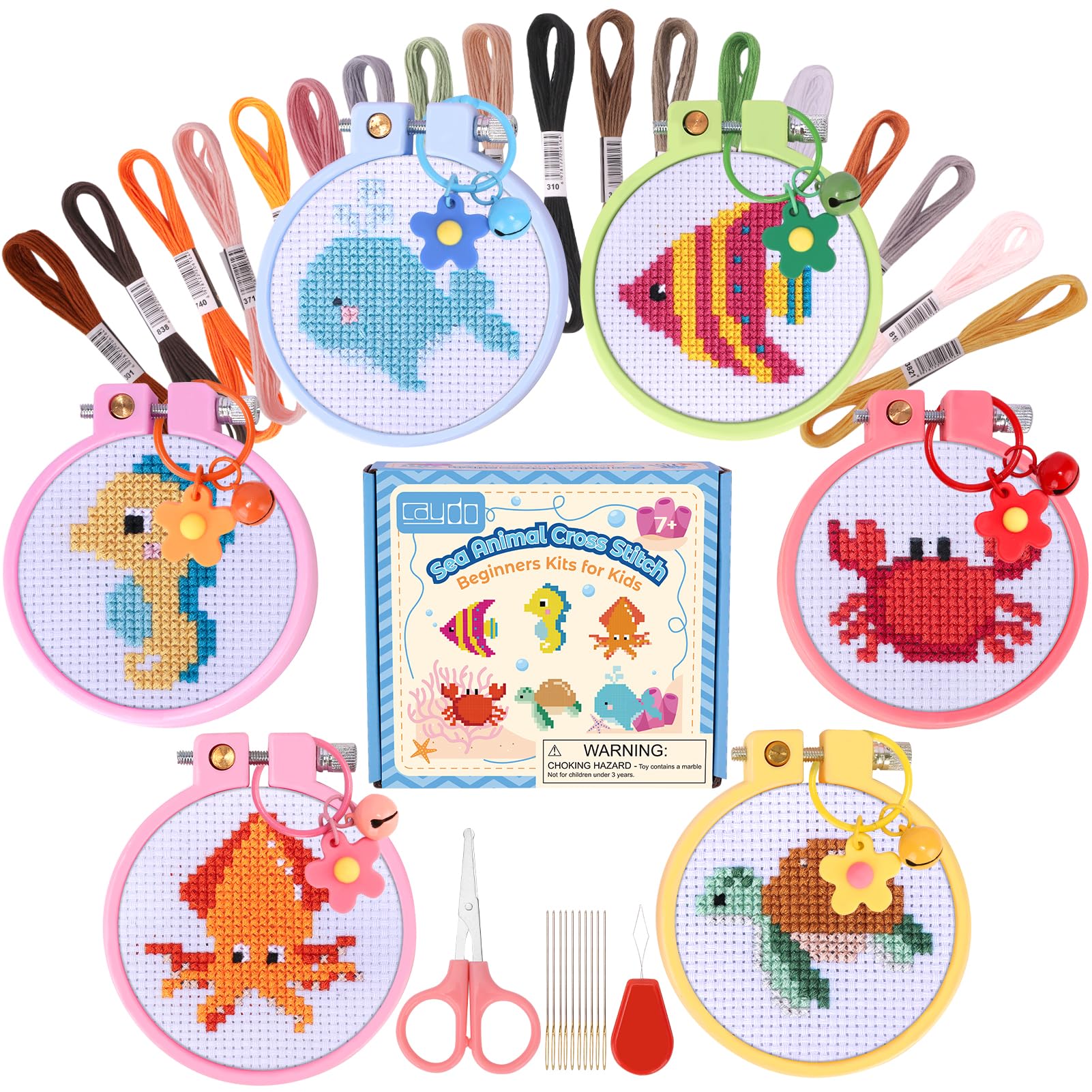 Caydo 6 Pieces Cross Stitch Kit for Kids, Sea Animal Embroidery Kit - Stamped Aida Cloth, Embroidery Hoops, Keychains, Embroidery Tools and Instructions for Kids DIY Craft Ornament