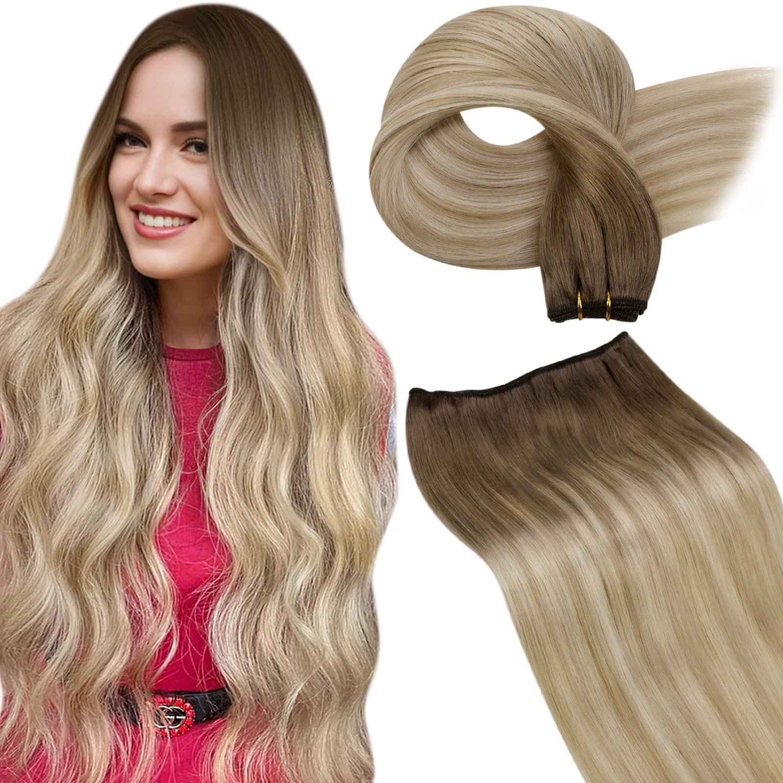 LaaVoo Weft Hair Extensions Real Human Hair 100g 24 Inch Blonde Sew in Hair Extensions Full Head Straight Balayage Light Brown Remy Invisible Double Weft Weave #8/18/60 — image 1