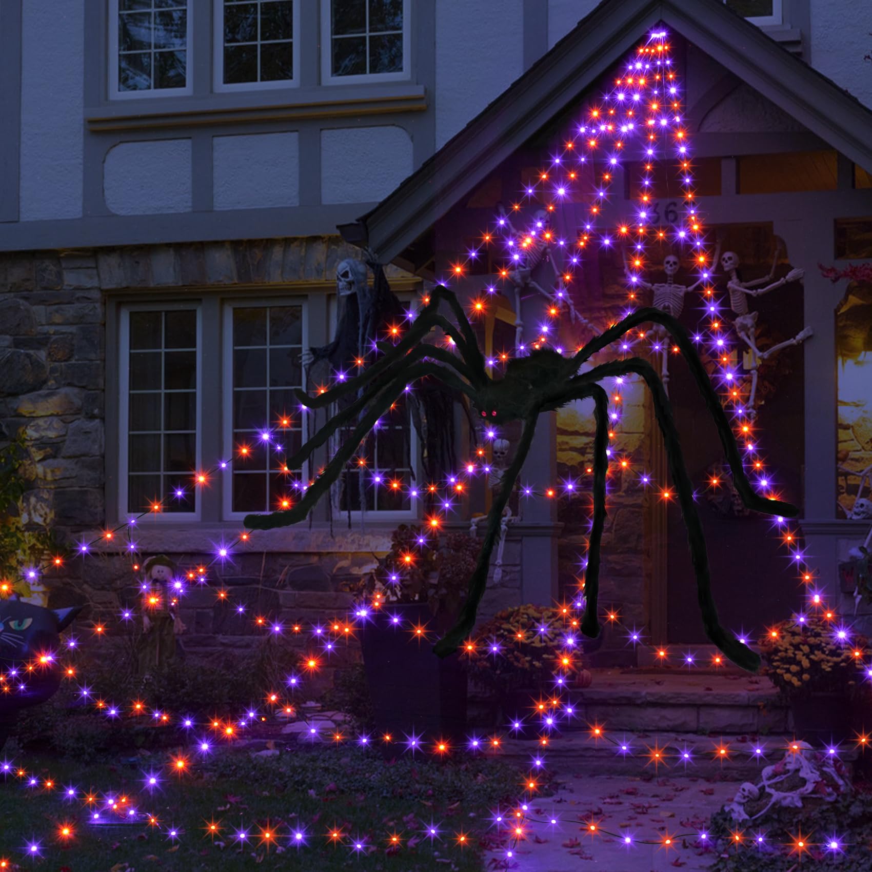 Photo 1 of Halloween Spider Web Lights Decoration 455 LED Spider Webs Halloween Decorations Outdoor with 59" Large Spider & 3.53 oz Stretch Cobweb 16.4 Ft Light Up Giant Spider Web (Purple & Orange)