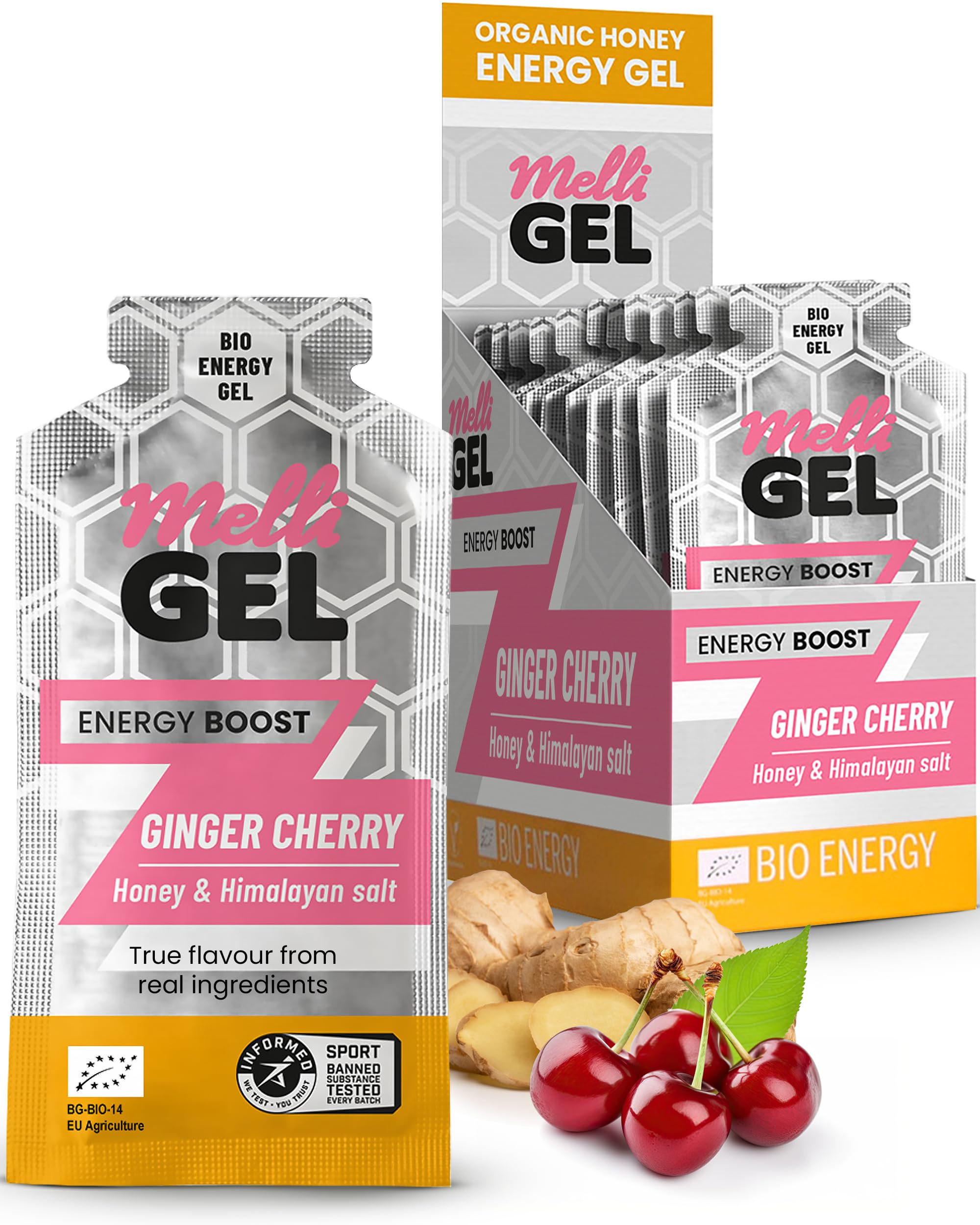 Energy Gel Ginger Cherry MelliGEL – 100% Organic Energy Gels with Honey & Himalayan Salt – Precision Hydration & Electrolyte Balance – Take Before, During & After Running and Intense Activities — image 1