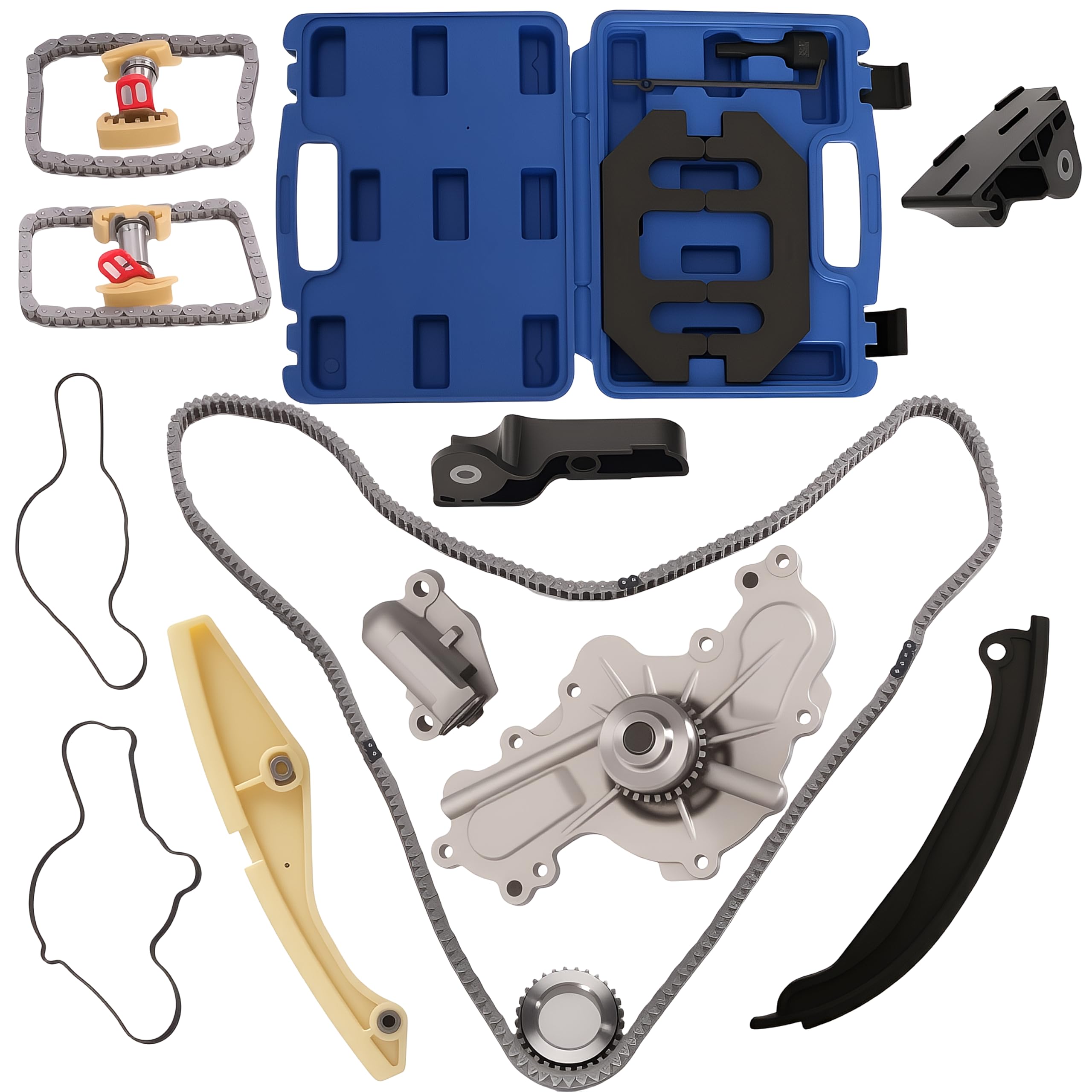 Photo 1 of JAVOUKA Timing Chain Kit with Water Pump + Camshaft Holding Tool with Timing Alignment Holder Tool Kit Fit for Ford Edge/Explorer/Flex/Taurus/Mustang 2011-2019 3.5L 3.7L V6 OE# BL3Z-6268-A 303-1248