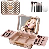 Mocado Travel Makeup Case with Mirror, Makeup Box with Brushes Divider | With 8 Makeup Brushes, 10x Magnifying Mirror, Dimmable Touch, 0-100% Adjustable Brightness, 5000mAh Rechargeable(Rose Gold)