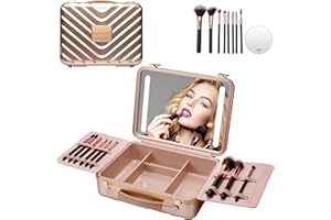 Mocado Travel Makeup Case with Lighted Mirror, Makeup Box with 8 Makeup Brushes and 10x Magnifying Mirror, Adjustable Brightness Makeup Train Case with Makeup Brushes Divider(Rose Gold)