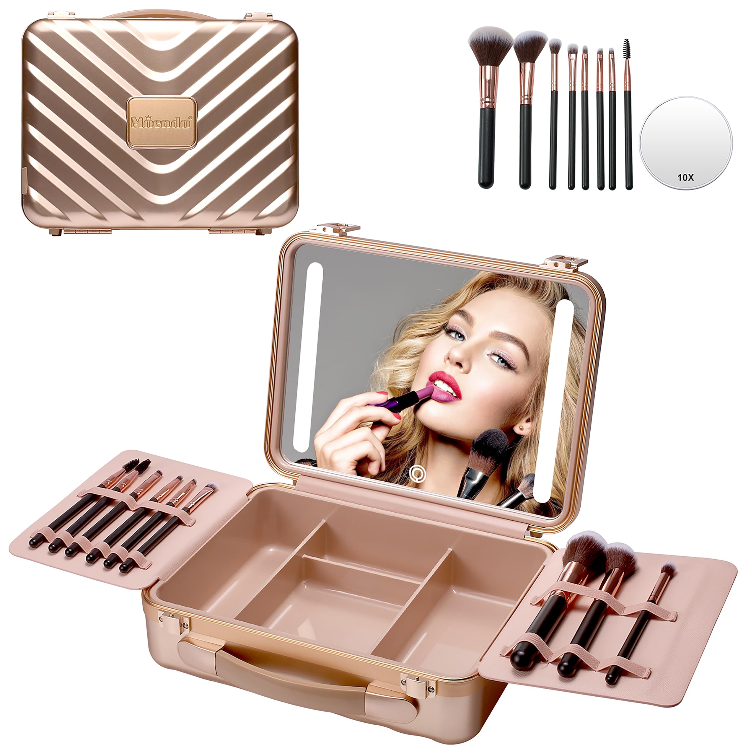 Photo 1 of Mocado Travel Makeup Case with Lighted Mirror, Makeup Box with 8 Makeup Brushes and 10x Magnifying Mirror, Adjustable Brightness Makeup Train Case with Makeup Brushes Divider(Rose Gold)