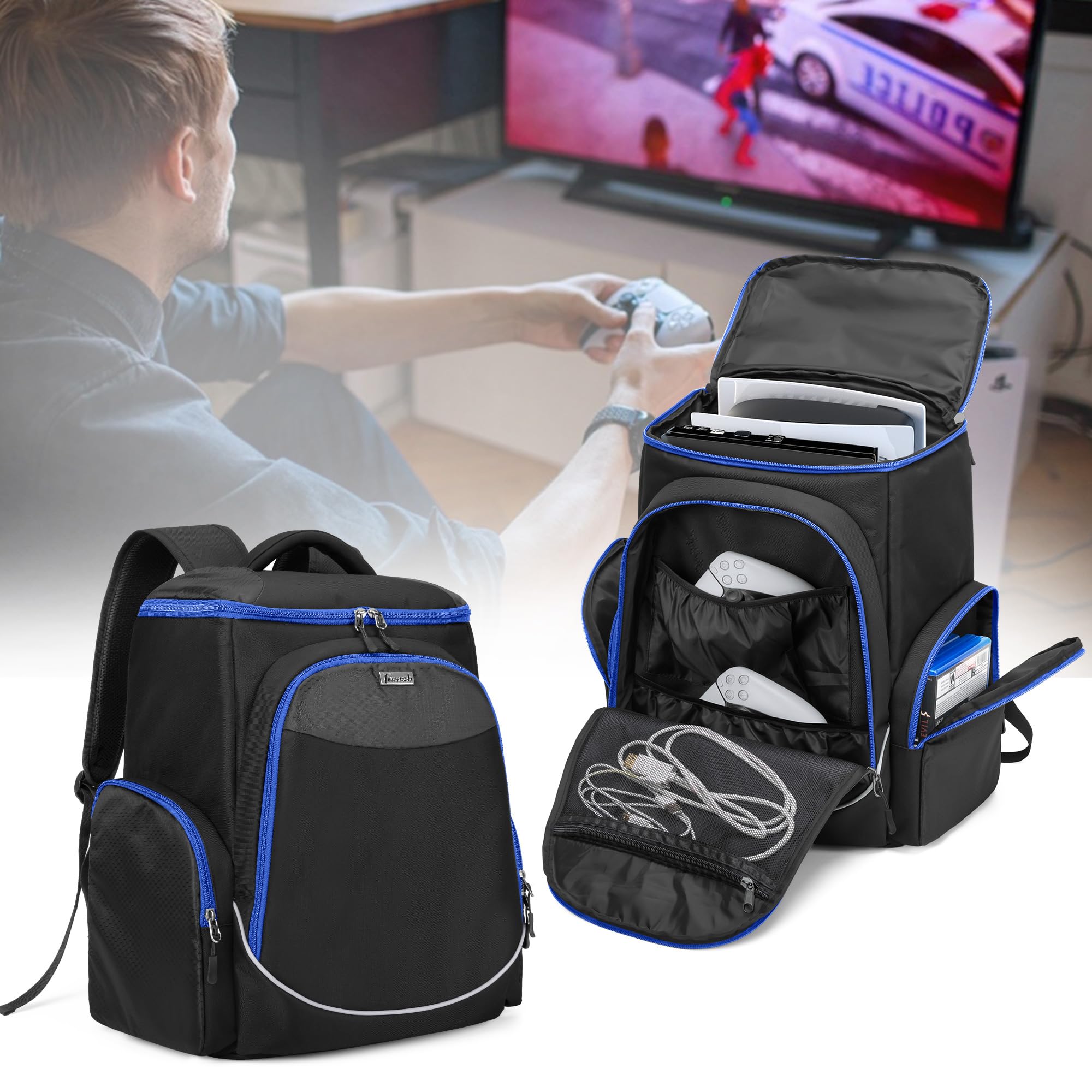 Trunab Gaming Console Backpack Compatible with Playstation 5 / PS5 Slim / PS4 / Xbox One, Travel Carrying Bag with Multiple Pockets for 15.6” Laptop and Gaming Accessories