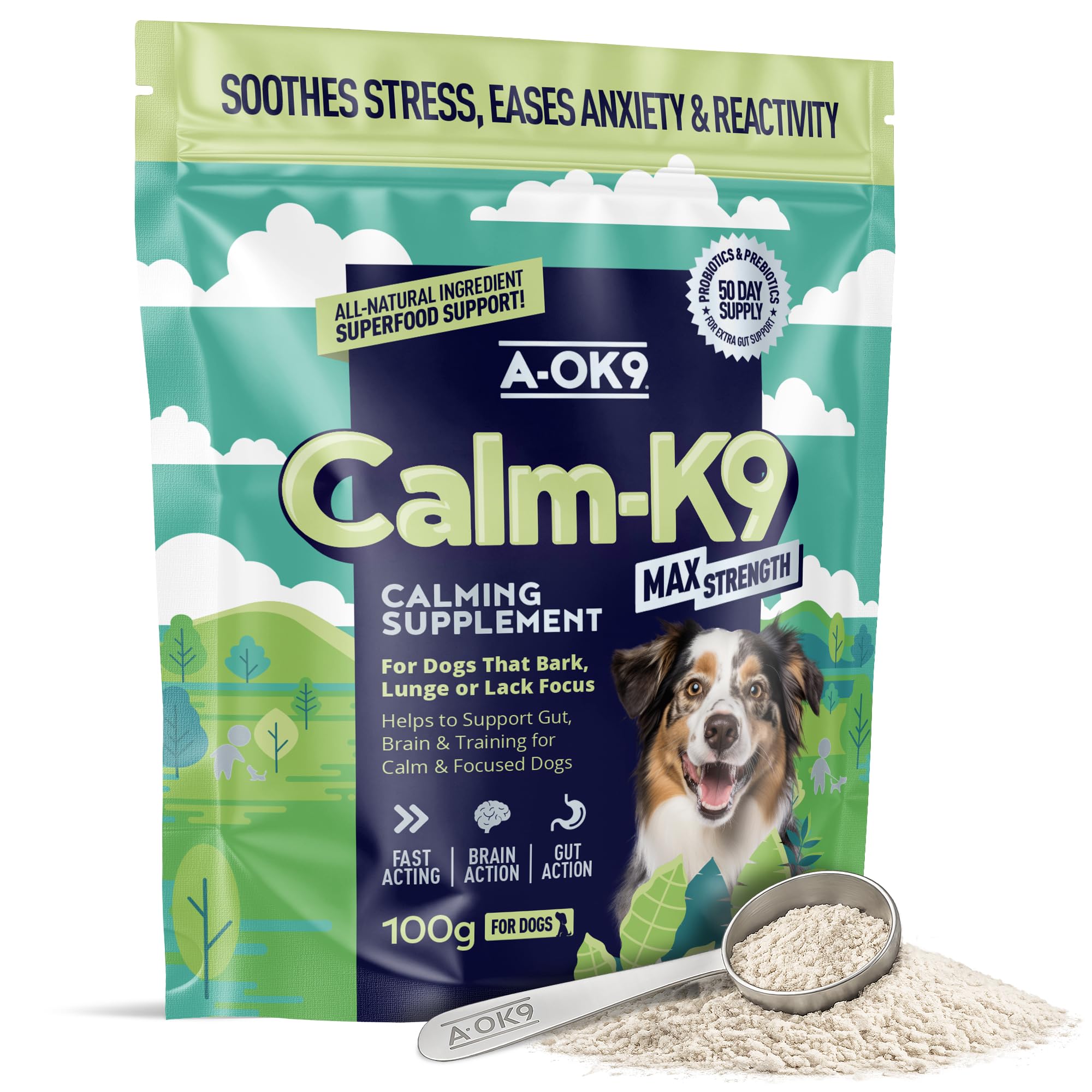A-OK9 Calming Supplement Powder for Dogs - Helps with Anxiety Relief, Fireworks, Stress & Barking - Natural Ingredients & Superfoods - Mix with Dog or Puppy Food - All Ages & Breeds
