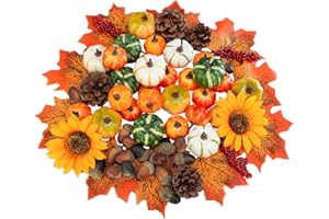 WINLYN 68 Pcs Assorted Mini Artificial Pumpkins with Maple Leaves Pinecones Acorns Sunflowers Berries Fall Decorating Kit for Fall Wedding Thanksgiving Halloween Table Centerpiece Wreaths Vase Bowl Fillers