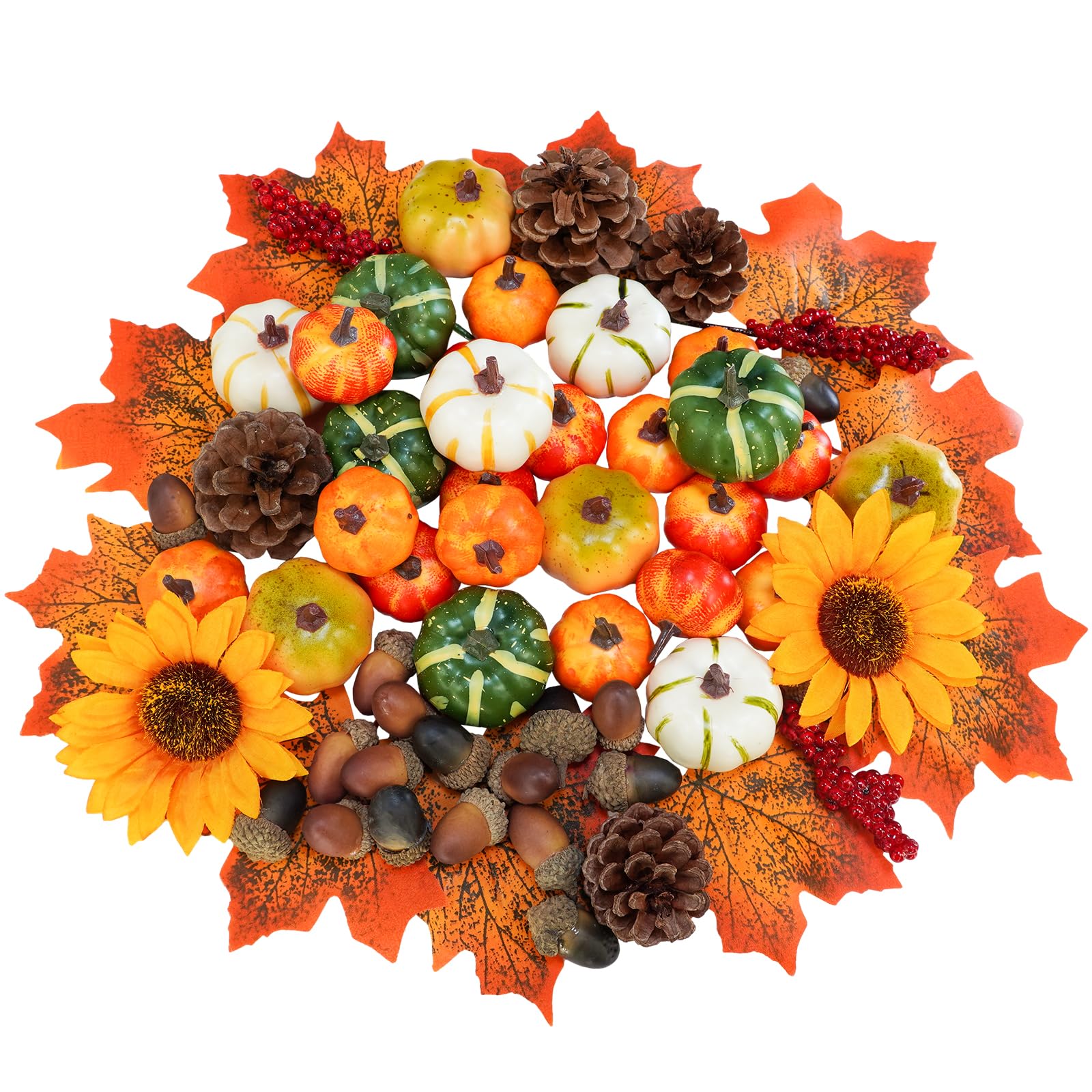 Photo 1 of 68 Pcs Assorted Mini Artificial Pumpkins with Maple Leaves Pinecones Acorns Sunflowers Berries Fall Decorating Kit for Fall Wedding Thanksgiving Halloween Table Centerpiece Wreaths Vase Bowl Fillers