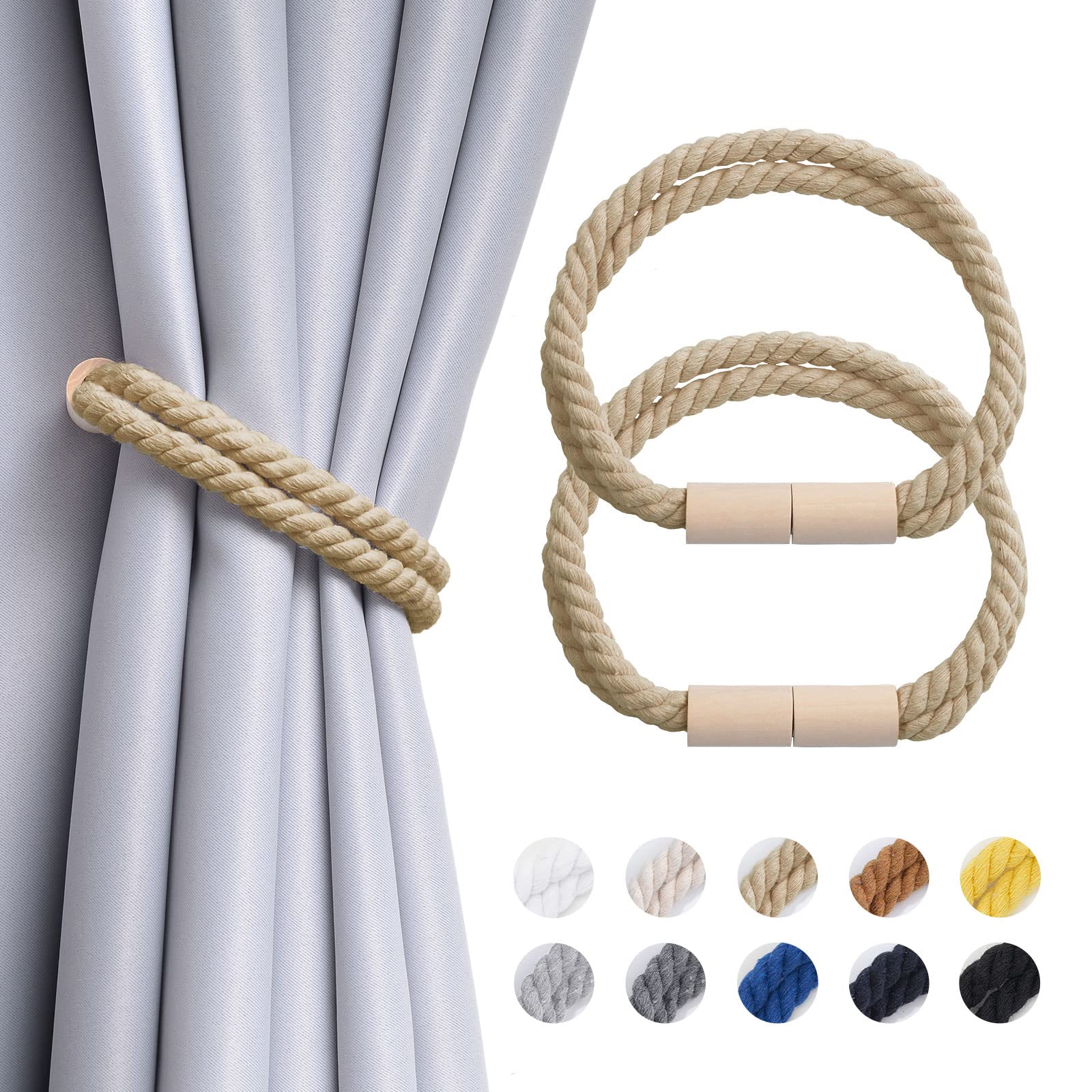 Pretty Jolly 2 Pack Strong Magnetic Curtain Tiebacks Boho Decoration Drape Tie Backs Natural Cotton Handmade Double Rope Curtain Holdbacks for Thin or Thick Home & Office Window Drapery (Dark Beige)