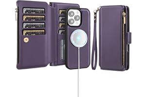 Antsturdy for iPhone 16 Pro Wallet Case with Credit Card Holder Slots,Compatible with Magsafe Magnetic 2 in 1 Detachable PU Leather RFID Blocking Phone Cover Wrist Strap Zipper Women Men,Purple