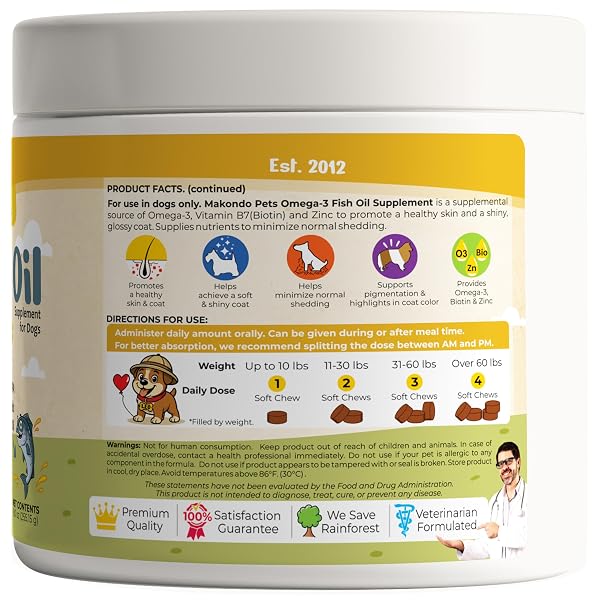 OMEGA 3 SOFT CHEWS – SALMON OIL FOR DOGS SKIN AND COAT SUPPORT, ITCH RELIEF & SHEDDING SUPPORT – EPA & DHA DOG FISH OIL FATTY ACIDS – 120 CHEWS BY MAKONDO PETS.