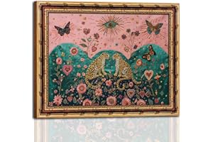 Mystical Leopard and Butterfly Wall Art with Gold Vintage Frame, Surreal Botanical Folk Art Print, Embroidery Style Boho Pain