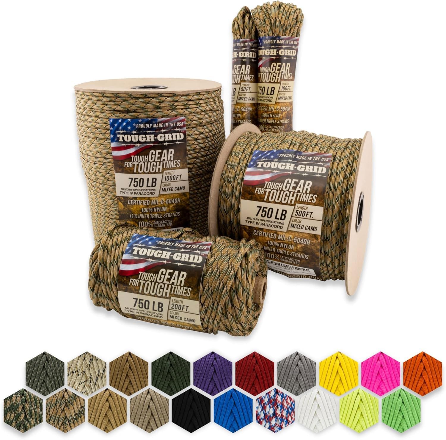 TOUGH-GRID PC50 750lb Paracord - 100% Nylon Military Specifications Type IV - For Military, Camping, Hammocks, Emergencies - Mixed Camo