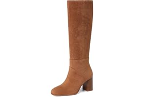 EQAUDES Knee High Boots Women Fall Winter Faux Suede Square Toe Chunky Block Heel Wide Calf Boots Fashion Side Zipper Long Boot