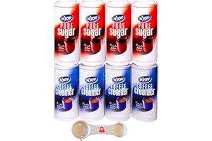N Joy Pure Cane Sugar (22 oz, 4ct) and N Joy Non-Dairy Powdered Coffee Creamer (16 oz, 4 ct) set with a Sophley Measuring Spoon