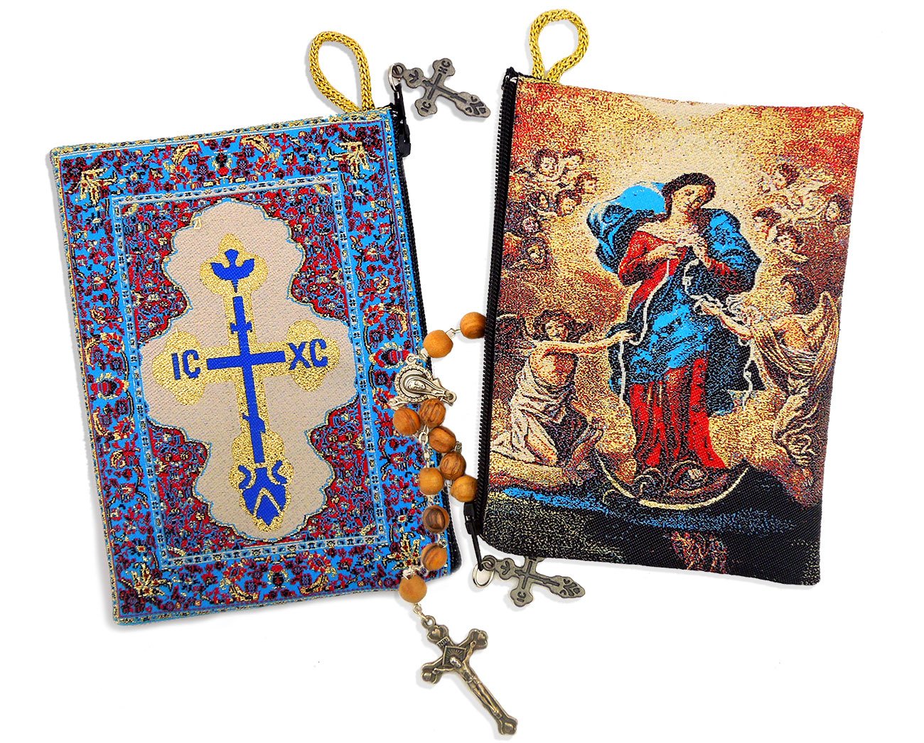 Photo 1 of **PARTIAL SET ONLY 1** Alexandra Int'l Our Lady Undoer of Knots Icon Cloth Tapestry Rosary Zipper Close Pouch 5 3/8 Inch